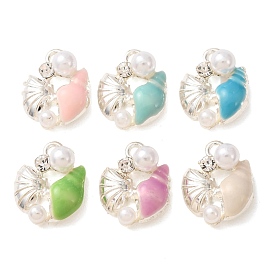 Aleación con colgantes de cristal, diamantes de imitación y esmalte., con abs de plástico imitación perla, dijes con forma de concha de caracol, plata