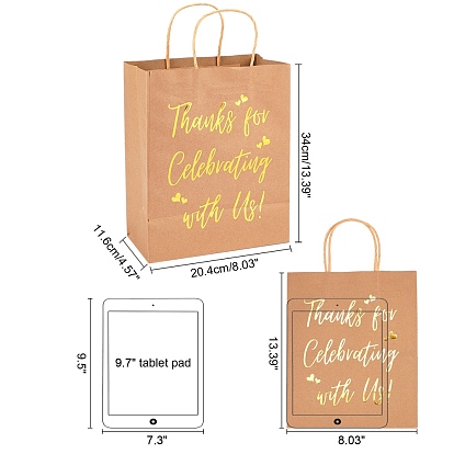 PandaHall Elite Kraft Paper Bags, with Jute Twine Handles & Word Pattern, Gift Bags, Shopping Bags, Rectangle