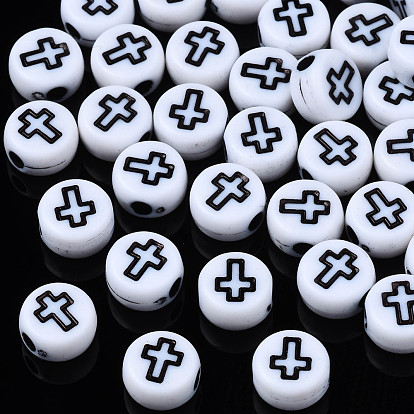 Opaque Acrylic Beads, Flat Round with Cross
