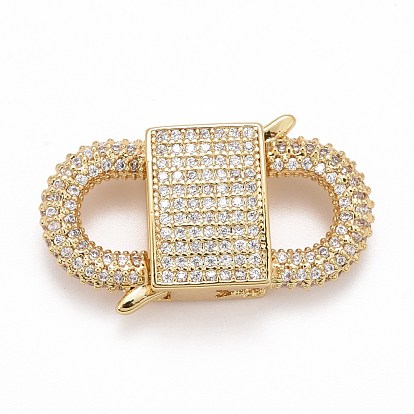 Rack Plating Brass Micro Pave Clear Cubic Zirconia Clasps, Cadmium Free & Nickel Free & Lead Free, Long-Lasting Plated, Oval
