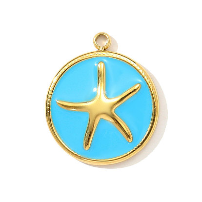 304 нержавеющей стальной эмали подвески, плоский круглый с подвесками в виде морских звезд, реальный 18 k позолоченный, ионное покрытие (ip)
