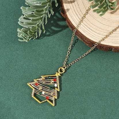 Zinc Alloy Glass Colorful Christmas Tree Pendant Brass Cable Chain Necklaces