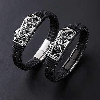 Браслеты из плетеного шнура из искусственной кожи в стиле панк, 304 Браслеты с подвесками в виде тигра из нержавеющей стали для мужчин, с магнитной застежкой