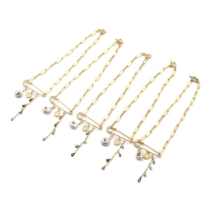 Evil Eye Brass Enamel Pendant Necklaces, with Cubic Zirconia, Natural Pearl, 304 Stainless Steel Toggle Clasps and Cardboard Boxes, Flat Round with Saint Benedict Medal, Golden