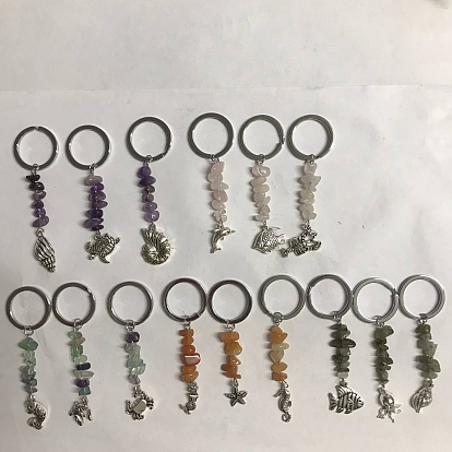 Llavero colgante de aleación de animales marinos, llavero con cuentas de chips de piedras preciosas, formas mixtas