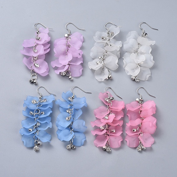 Petal Transparent Acrylic Dangle Earrings, with Brass Rhinestone Charms and Earring Hooks