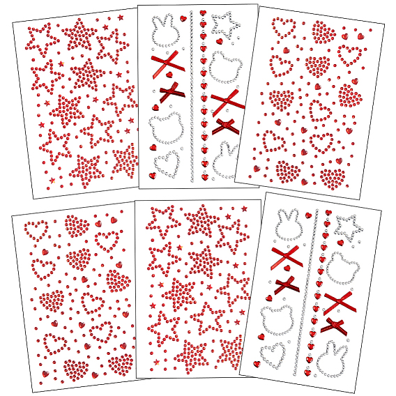 6 листы 3 стили акриловые стразы наклейки для лица и тела, самоклеящиеся стразы для макияжа, бант, звезда и сердце