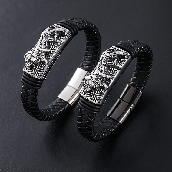 Браслеты из плетеного шнура из искусственной кожи в стиле панк, 304 Браслеты с подвесками в виде тигра из нержавеющей стали для мужчин, с магнитной застежкой