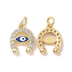 Rack Plating Brass Micro Pave Clear Cubic Zirconia Charms, with Jump Ring and Enamel, Cadmium Free & Lead Free, Long-Lasting Plated, Horseshoe with Evil Eye