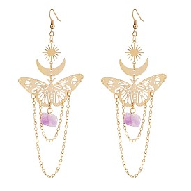 Alloy Butterfly with Natural Amethyst Tassel Dangle Earrings, Sun & Moon Long Drop Earrings for Women