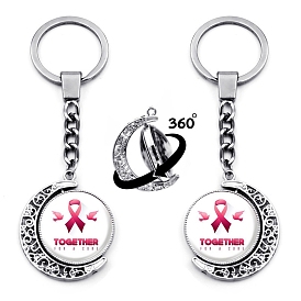 Breast Cancer Pink Awareness Ribbon Theme Alloy with Glass Rotating Pendant Keychain, Moon