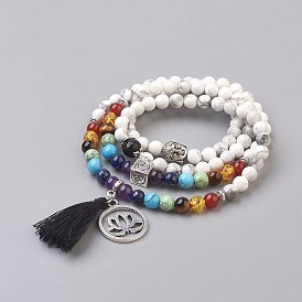 Biens à double usage, quatre boucles atural howlite wrap bracelets / colliers, avec les accessoires en alliage, mélange de pierre et de résine, lotus, chakra, Emballage en toile de jute