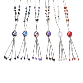 304 Stainless Steel Beaded Necklaces, with Faceted Glass Beads and Natural Gemstone Round Beads, Mixed Color