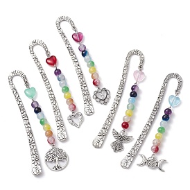 Flower Pattern Alloy Hook Bookmarks, Round & Heart Glass Beaded Bookmark with Heart/Angel/Moon Charm