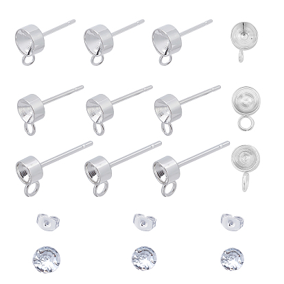 Diy 304 kits para hacer aretes de acero inoxidable, Incluyendo engastes de aretes y tuercas de oreja, Cabujones de diamantes de imitación acrílicos transparentes