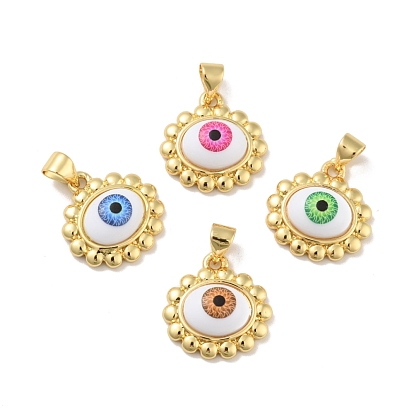 Brass Pendants, with Acrylic, Cadmium Free & Lead Free, Long-Lasting Plated, Oval with Evil Eye, Real 18K Gold Plated