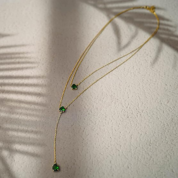 Каплевидная форма 304 подвеска из нержавеющей стали с зеленым кубическим цирконием, двухслойные ожерелья y для женщин