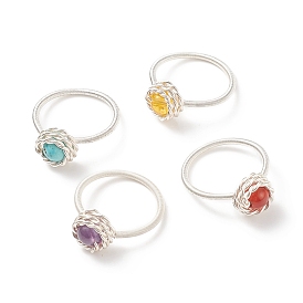 Conjunto de anillos de dedo redondos de piedras preciosas mixtas naturales y sintéticas de estilo 4 piezas 4, anillos apilables envueltos en alambre de cobre plateado para mujer