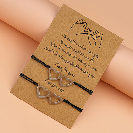 Stainless Steel Heart Card Handmade Braided Bracelet for Women in Black