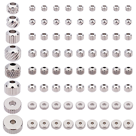 PandaHall Elite 80Pcs 8 Style 201 Stainless Steel Beads, Textured, Disc/Flat Round & Round