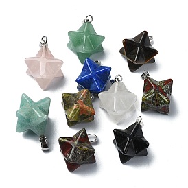 Mixed Gemstone Pendants, Merkaba Star Charms with Platinum Plated Iron Snap on Bails