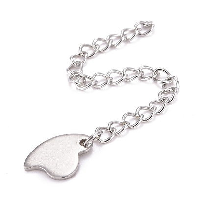 304 Stainless Steel Chain Extender, Curb Chain, with 202 Stainless Steel Charms, Heart