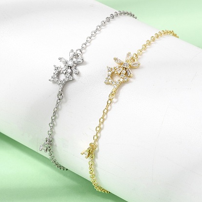 Brass Pave Clear Cubic Zirconia Flower Star Link Bracelets, Lead Free & Cadmium Free, Rack Plating, Long-Lasting Plated