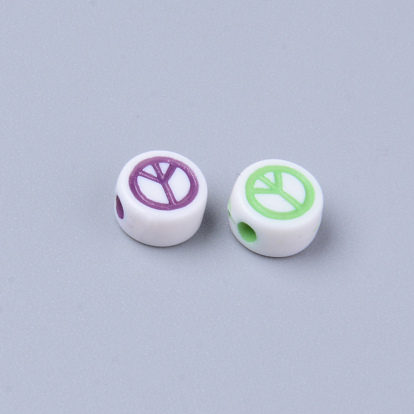 Opaque White Acrylic Beads, Flat Round with Peace Sign
