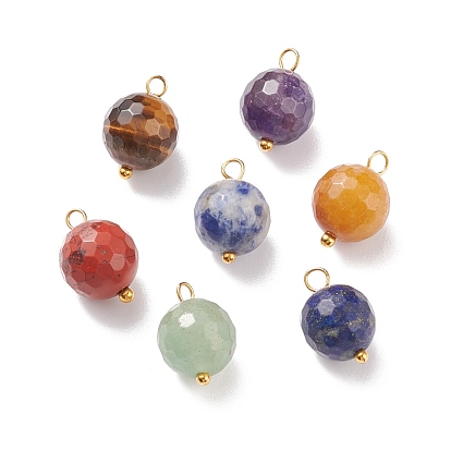 Natural Mixed Stone Charms, with Golden Tone Brass Loops, Faceted, Round