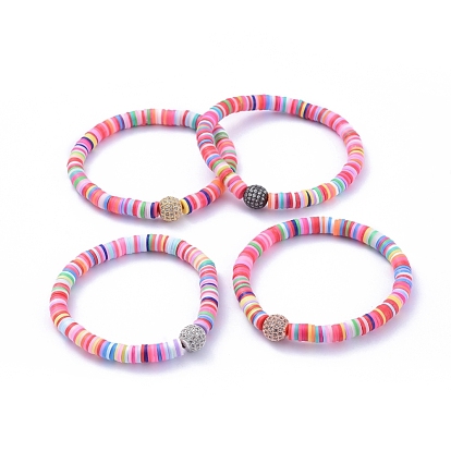 Handmade Polymer Clay Heishi Bead Stretch Bracelets, with Brass Micro Pave Clear Cubic Zirconia Round Beads