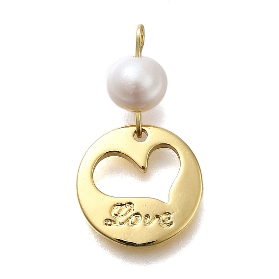 Латунные подвески, плоско-круглые с сердцем, стойки покрытие, долговечный, с натуральной жемчужиной, без кадмия и без свинца