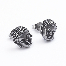 Retro 304 Stainless Steel Stud Earrings, with Ear Nuts, Buddha Head