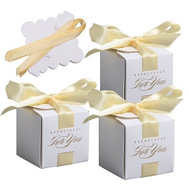 Boîtes d'emballage de cadeaux de bonbons en papier de mariage avec ruban en polyester, boîtes de rangement pliables pour mariage, carrée