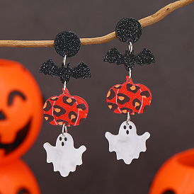 Acrylic Sweet Cute Long Halloween Pumpkin & Bat & Ghost Stud Earrings