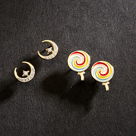 Sweet and Cute Copper 18K Gold Drip Oil Zircon Star Moon Lollipop Earrings for Women