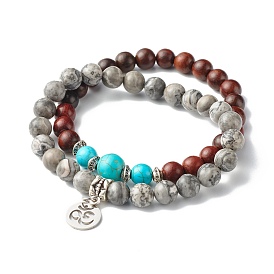 Natural Map Jasper & Natural Wood & Synthetic Turquoise(Dyed) Stretch Bracelets Set for Girl Women, Yoga Theme Flat Round Alloy Charm Bracelets