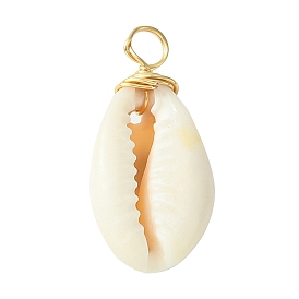 Natural Cowrie Shell Dyed Pendants, with Brass Wire Loops, Shell Shape Charms