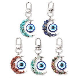 Alloy Moon & Gemstone Chip Beads & Resin Evil Eye Pendant Decorations, Swivel Lobster Claw Clasps Charms for Bag Ornaments