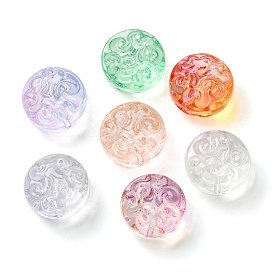 Transparent Glass Beads, Flat Round with Flower
