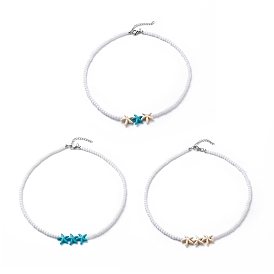 3Pcs 3 Colors Dyed Synthetic Turquoise Starfish & Acrylic Beaded Necklaces Set, Gemstone Stackable Necklaces for Women