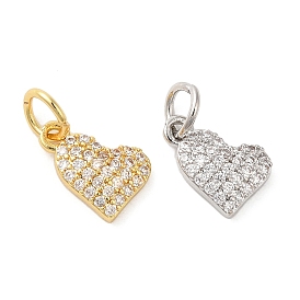 Rack Plating Brass Micro Pave Clear Cubic Zirconia Charms, with Jump Ring, Long-Lasting Plated, Lead Free & Cadmium Free, Heart Charm