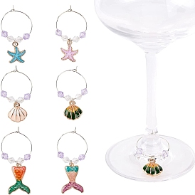 Alloy Enamel Wine Glass Charms, with Platinum Plated Iron Hoop Earrings and Acrylic Beads, Shell Shape & Starfish & Mermaid Tail
