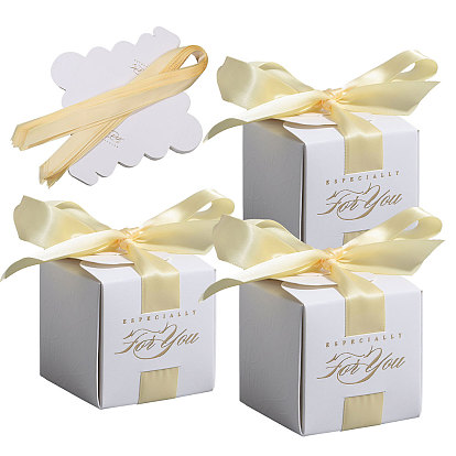 Boîtes d'emballage de cadeaux de bonbons en papier de mariage avec ruban en polyester, boîtes de rangement pliables pour mariage, carrée