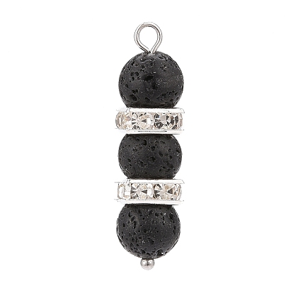 Natural Lava Rock Pendants, with Platinum Tone Brass Crystal Rhinestone Spacer Beads, Column Charms