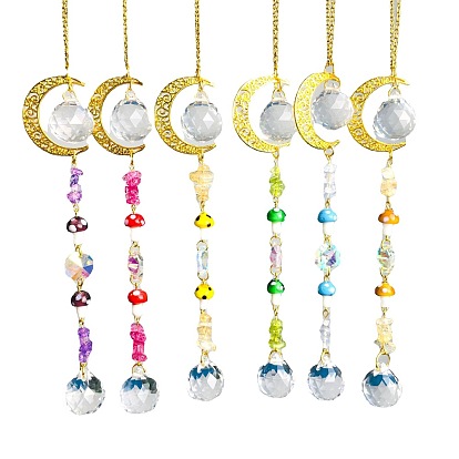 Metal Hollow Moon Hanging Ornaments, Lampwork Mushroom and Glass Round Tassel Suncatchers for Home Garden Outdoor Decoration