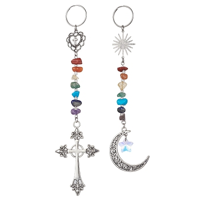 Tibetan Style Alloy Keychains, with Chakra Gemstone Chips and 304 Stainless Steel Split Key Rings, Cross/Moon