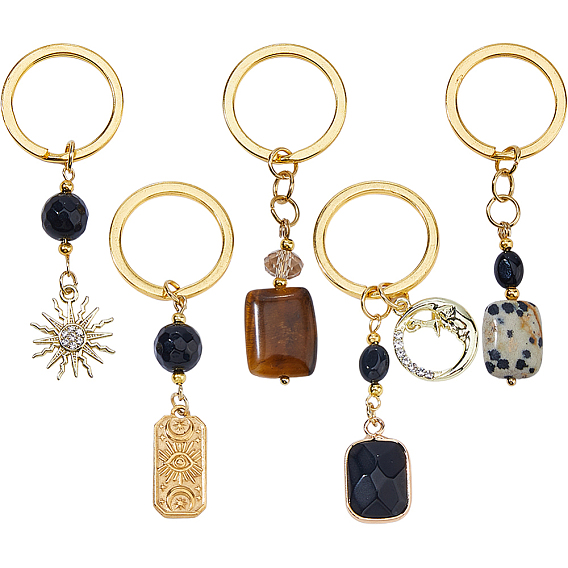 Брелки из натурального черного камня, черного оникса, белого нефрита, стекла и сплава, с железными кольцами, разнообразные