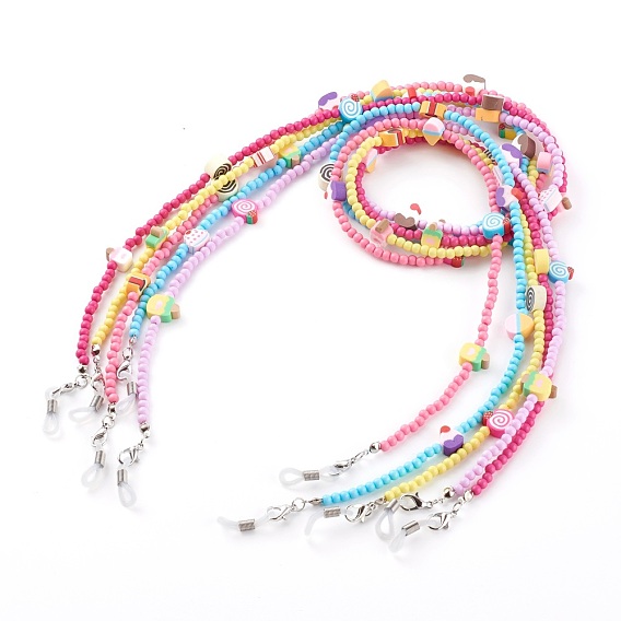 Chaînes de lunettes, tour de cou pour lunettes, avec des perles rondes acryliques, perles à dessert en pâte polymère et extrémité de boucle en caoutchouc