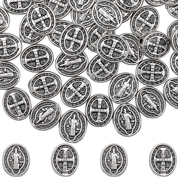 60Pcs Tibetan Style Alloy Oval Beads, with Jesus and Cross, For Easter