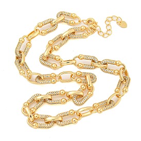 Rack Plating Brass Pave Clear Cubic Zirconia Oval Link Chain Necklaces, Long-Lasting Plated, Lead Free & Cadmium Free